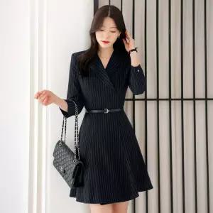 [시크라인] (~XXL까지) 키몬 스트라이프 벨트 플레어 원피스 봄 가을 하객룩 오피스룩 모임룩 격식룩 빅사이즈