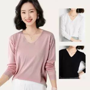 여성 브이넥 니트 간절기 얇은 여리핏 긴팔 티셔츠