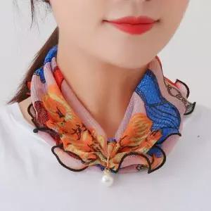 여성 시스루 스카프 얇은 레이스 데일리 진주 시스루 스카프 여름 진주넥 목주름 가리개 커버 프릴