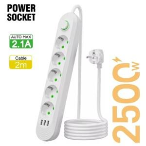 EU 잭 2500W 3/4/5홀 전원 스트립(2m 연장 코드 포함) USB 멀티 포트 AC 콘센트 최대 2.1A 전기 충전 어댑