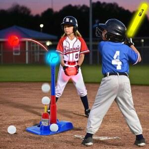 어린이용 투인원 글로우 인 더 다크 T 볼 세트 3-5 5-8 자동 피칭 머신으로 티볼 세트 조명 / 조절가능 글로우 배팅 배트 & 스탠드 / 6개의 글로우 볼 / 2개의 글로우 볼 용 야구 장난감