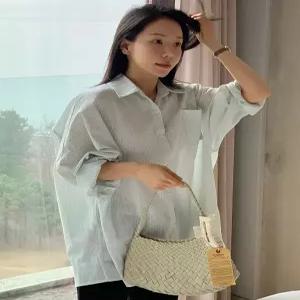 민트블루 스트라이프 오버핏 셔츠 (one color)