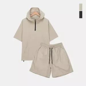 스콰즈 여성 여름 아노락 하프집업 스트링 반팔 트레이닝 후드세트 SFREE002