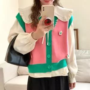 핑크꽃송이 여성가을베스트 여성아우터조끼 여성베스트 2칼라 여성 니트조끼