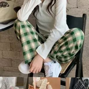 여성 봄 여름 체크 무늬 패턴 허리 밴딩 처리 편안한 착용감 와이드 핏 긴 바지