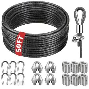 나조우 3/16인치 코팅 강철 와이어 로프 50피트/100피트 브레이드 금속 케이블 키트 야외 걸이용 줄 조명