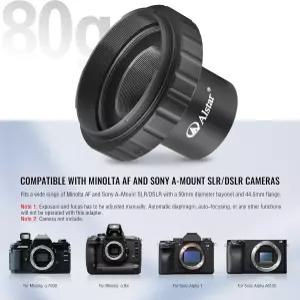 미놀타 AF 및 소니 A 마운트 DSLR 카메라용 알스타 망원경 사진 어댑터 T 카메라 어댑터에는 T2 링 천체