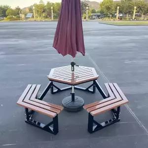 플라스틱 목재 파라솔 일체형 야외 테이블벤치의자세트 6인 방부목 철제 휴게소 카페 옥상