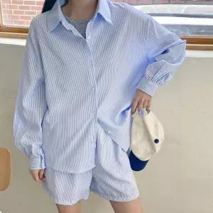 여자 봄여름 시원한 스트라이프 셔츠 반바지 세트