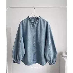 [하프클럽/]여성 러플 프릴 넥 데님 셔츠 블라우스 벌룬 소매 루즈핏 청남방