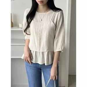 [하프클럽/샵앤]국산 여성 라운드 7부 블라우스 뷔스티에 세트 77가능 REI-WSET