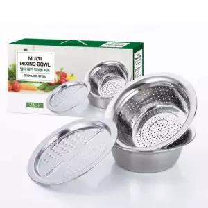 [녹슴 변형없는] 스텐 멀티 쌀세척 채반 믹싱볼 세트 24cm(믹싱볼,채반,채칼4종)