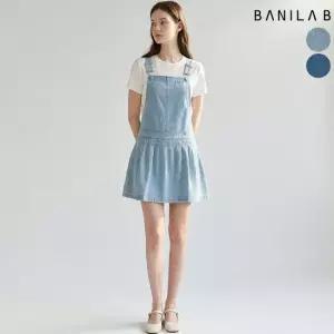 [바닐라비] 여성 데님 주름 멜빵 미니 원피스