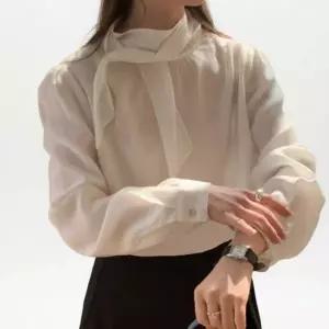 [하프클럽/]여성 우아한 리본 타이 퍼프 소매 사무실 블라우스