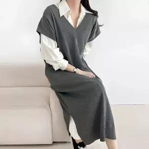 [옷자락]여자 레이어드 양트임 박시 브이넥 니트조끼 롱원피스_P420069075