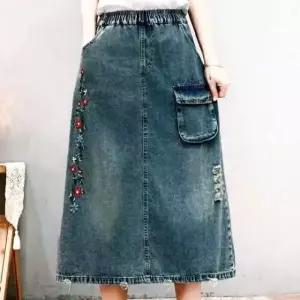 [애슬릿] 여성 데님 스커트 꽃 자수 빅사이즈 롱 청치마