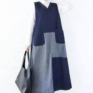 [애슬릿] 데님 롱 원피스 브이넥 나시 민소매 체크 맥시 청치마