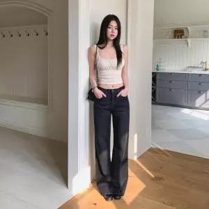 여성 트렌디 와이드 세미 플레어 청바지