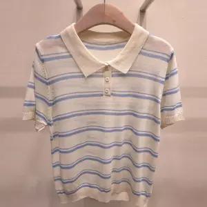 [샵앤] 여성 카라넥 단추오픈 단가라 여름 반팔 니트 티셔츠 21DS-WKN-5179-소라