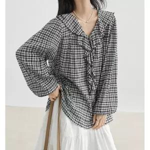 [하프클럽/]프릴네크라인 체크블라우스 712307
