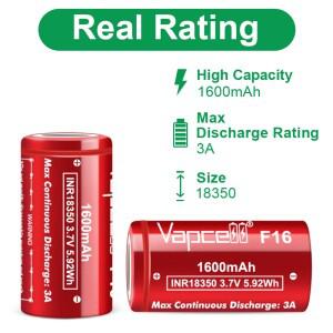 공장  Vapcell F16 INR18350 1600mah 3A 3.7V 손전등용 충전식 리튬 배터리