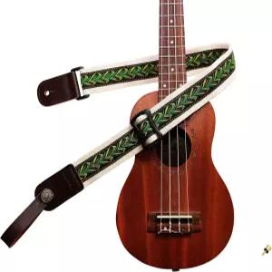 MUSIC FIRST 오리지널 디자인 빈티지 그린 라벨 소프트 메시벨트와 정품 가죽 우쿨렐레 스트랩 숄더 락커