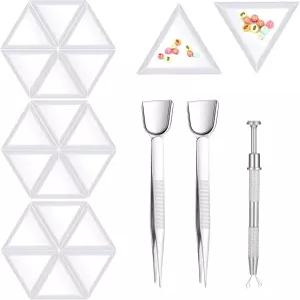 20개 화이트 삼각형 비즈 분류 트레이 및 2개 실버 컬러 핸디 핀셋 1개 4발 보석 집게 도구 주얼리 제작