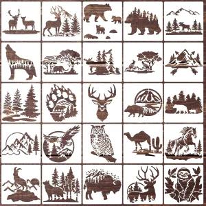 숲 동물 스텐실 25개 세트 곰 사슴 늑대 야생 산 소나무 도안 나무 벽 천에 페인팅용
