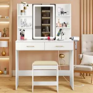 전원 콘센트와 의자가 있는 QUALIRAFT 조명 화장대 LED 거울이 흰색 큰 서랍 2개 침실 정리를 위한 선반