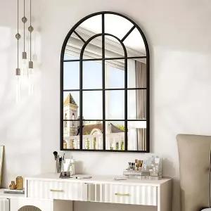 Riskioir 24 ×36 창문 패널 아치형 벽 거울 격자 디자인의 장식 농가 벽걸이 입구 거실 홈 데코 블랙