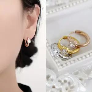 [써지컬스틸] 심플 데일리 다이아컷팅 큐빅 원포인트 원터치 링귀걸이 3color 침길이롱