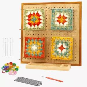 두껍고 얇은 11.8인치 코바늘 차단 보드 20개의 핀/페그 - 할머니 사각형 프로젝트용 뜨개질용 나무 수작업
