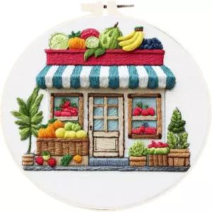 에지유오 1PC 조경 크로스 스티치 키트 하우스 과일 가게 DIY 자수 세트 후프 바늘 수제 홈 데코 선물