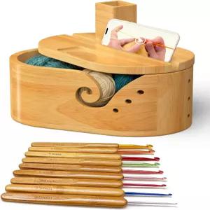 YHNNH 타원형 실타래 볼 세트 뚜껑 포함 코바늘 실 걸이 9개 뜨개 바늘 휴대폰 거치대 및 액세서리 대형