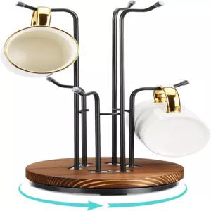 HULISEN 대형 컵용 360 회전 머그 트리 6개 갈고리 카운터 커피 홀더 안정적인 나무 받침대 주방