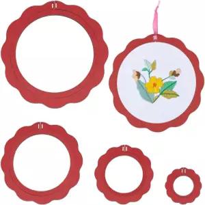 BENECREAT 4개입 목재 자수틀 붉은 꽃 원형 자수 링 장식용 디스플레이 완성된 십자수 틀 DIY 미술 공예
