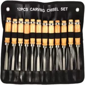 Ejoyous 우드 카빙 정 세트 12PCS 수공구 목공 전문가용 선반 구게 도구 조각가용 커터 가방 포함