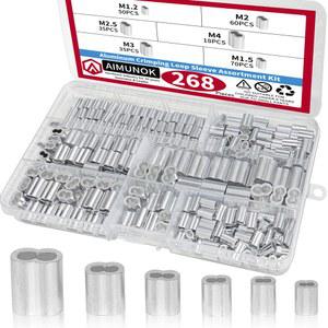 AIMUNOK 268Pcs 알루미늄 압착 루프 슬리브 구색 키트 M1 2 M4 개 가죽 끈 와이어 로프 해양 산업 장비
