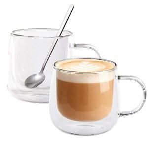손잡이가 달린 RDLBBS 이중 벽 단열 라떼 잔 10온스 - 카푸치노, 에스프레소, 차 및 음료용 투명 유리잔 2개 세트