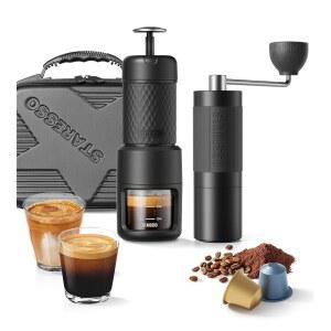 STARSO 2026 여행 키트, 휴대용 에스프레소 메이커 & 그라인더 세트, 그라운드 커피 포드용 이중 사용, 전원 필요 없음, 캠핑 하이킹용 케이스