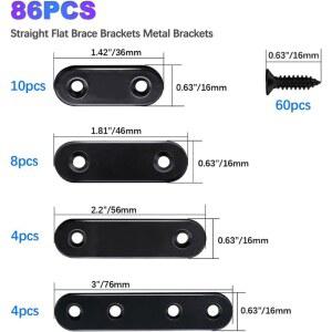 나사가 포함된 검정색 평면 스테인레스 스틸 브래킷 86개 세트 앵글 패스너 선반 지지대 금속 수리 플레이트