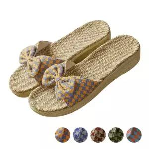 린넨 리본 슬리퍼 여성 실내화 거실용 편안한 마슬 사무실 블링 여름 사계절 키높이
