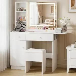 LED 조명 거울과 전원 콘센트가 있는 FUXA 베니티 데스크 수납 서랍이 메이크업 테이블 캐비닛과 의자