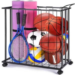 TOBWOLF 대형 차고 공 수납 랙 바퀴 포함 스포츠 용품 정리용 이동식 카트 농구 축구공용 탄성 로프가 있는