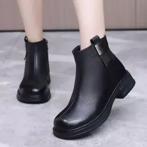 샤오원샵 여성 가을 단화 통굽 워커힐 빅사이즈 키작녀 앵클 진가죽 헨리넥 워커 옆지퍼 꾹3