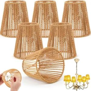 리아크럼 3개 샹들리에 램프 그늘 세트 펜던트 벽 천장 조명용 작은 양초 전구 클립 라탄 브라운