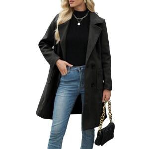 뱅크엥 여성 겨울 울 블렌드 카멜 미드 롱 코트 노치 더블 브레스트 라펠 재킷 아웃웨어