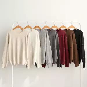 [옷자락]여성용 러블리 진주 장식 리본 7색 라운드넥 와인 니트