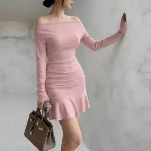 [옷자락]여성 간절기 긴팔 오프숄더 프릴 미니 드레스