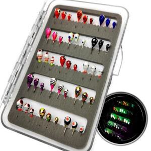 V XVM 45Pcs 텅스텐 얼음 낚시 지그 미끼 키트 글로우 겨울 월리 크래피 팬피쉬 송어 장비 태클 액세서리